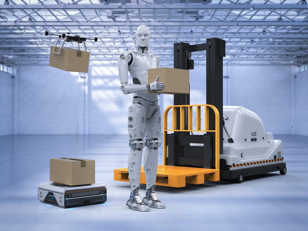 3d rendering automatic forklift with warehouse robot and drone in factory (Bild: Â©phonlamaiphoto/Fotolia.com)
